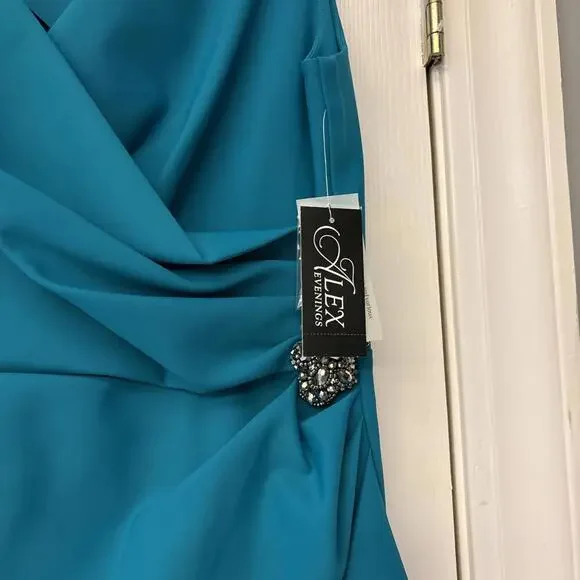 NWT Alex Evenings Women Teal Compression Embellished Ruched Sheath Dress Size 10 - Picture 5 of 12